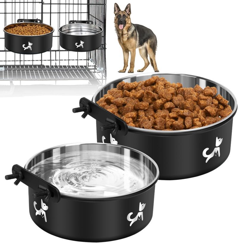 Dog Crate Bowls Hanging No Spill, Set of 2 Dog Crate Water Bowl, Kennel Bowls Mountable Large, Stainless Steel Pet Cage Accessories Feeder Food Dish Coop Cup for Cat Puppy Bunny Guinea Pig Ferret