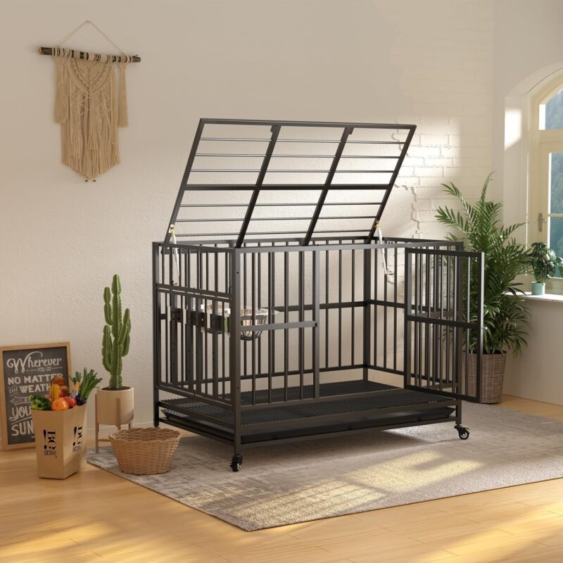 43" Dog Crate Heavy Duty Cage with Unique Air Lift Rod/Wheels/ 360° & Adjustable 2 Bowls, Extra Medium Dog House - Image 8