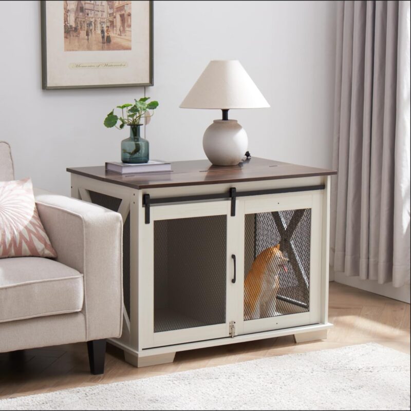 Stylish Farmhouse Wooden Dog Cage with Sliding Barn Door, Flip-Top Plate for Small to Large Dogs, White - Image 2