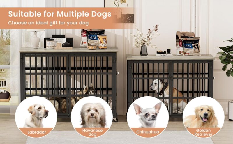 Furniture Style Dog Crate, Wrought Iron Frame with Side Openings, Rustic Brown Wooden Kennel, Medium Dog for Kennel Indoor, 43.3" W x 29.9" D x 33.5" H. - Image 9
