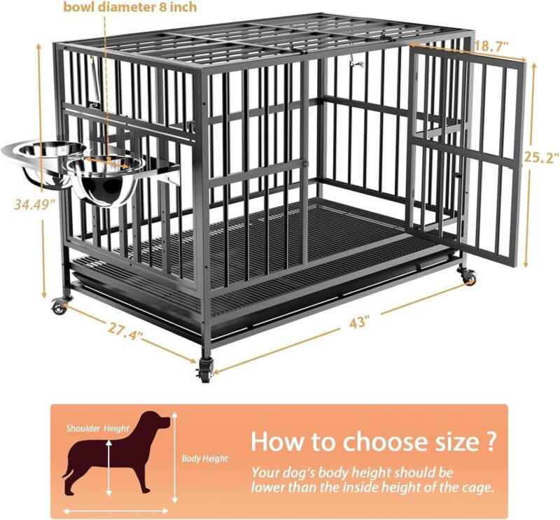 43" Dog Crate Heavy Duty Cage with Unique Air Lift Rod/Wheels/ 360° & Adjustable 2 Bowls, Extra Medium Dog House - Image 3