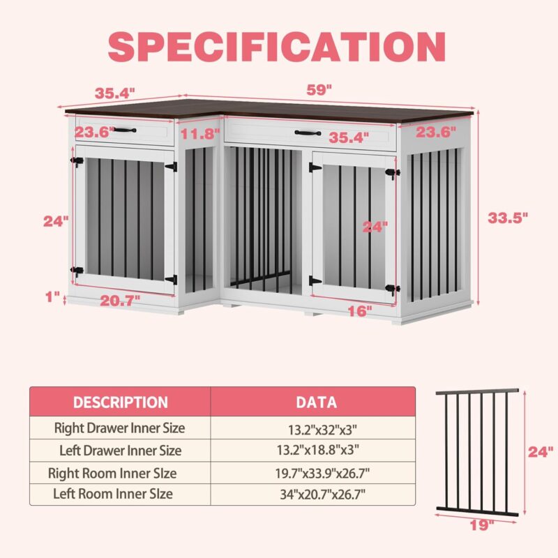 Lovinouse Large Corner Dog Crate Furniture, Wooden L Shaped Double Dog Crate Kennel Furniture with 2 Drawers and Divider, XXL Heavty Duty Dog Crates Furniture for 2 Medium or Large Dogs Indoor, White - Image 2