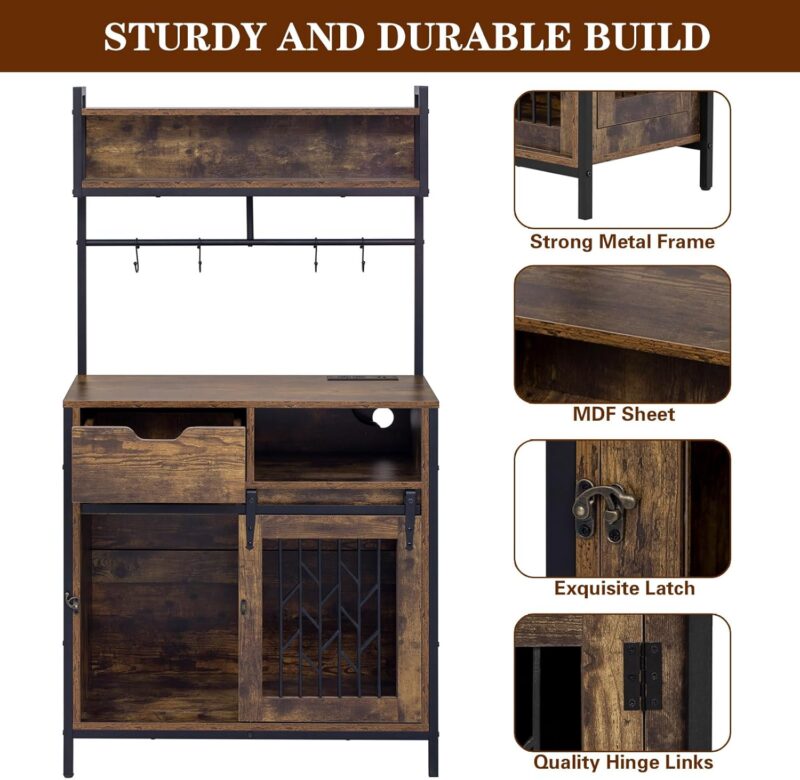 59” Dog Crate Furniture with Storage Shelves, Dog Kennel Indoor with Hutch, Wood Dog Crate with Power Outlets, Indoor Dog House for Medium Large Dogs - Image 4