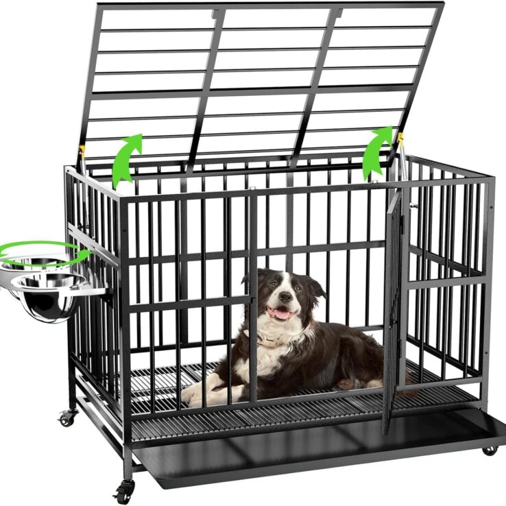 43" Dog Crate Heavy Duty Cage with Unique Air Lift Rod/Wheels/ 360° & Adjustable 2 Bowls, Extra Medium Dog House