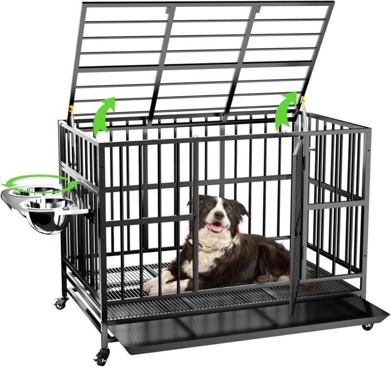 43" Dog Crate Heavy Duty Cage with Unique Air Lift Rod/Wheels/ 360° & Adjustable 2 Bowls, Extra Medium Dog House