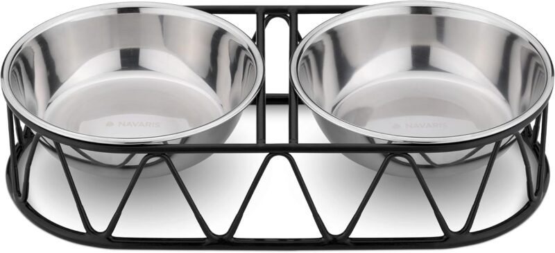 Navaris Stainless Steel Dog Bowls - Cat Food Bowls with Stand - Elevated Double Bowl and Holder for Cats & Small Dogs Raised Metal Wire Stand - Black - Image 5