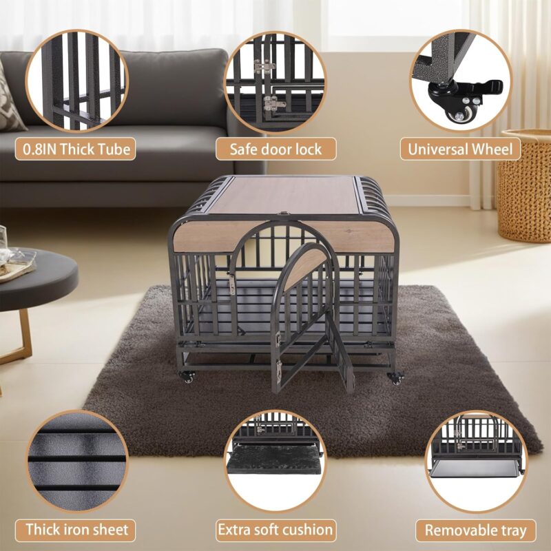 37in Heavy Duty Dog Crate, Furniture Style Dog Crate with Removable Trays and Wheels for High Anxiety Dogs QN588 - Image 5