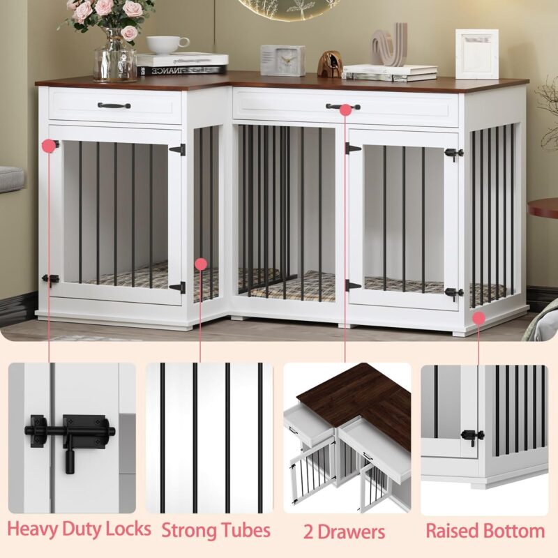 Lovinouse Large Corner Dog Crate Furniture, Wooden L Shaped Double Dog Crate Kennel Furniture with 2 Drawers and Divider, XXL Heavty Duty Dog Crates Furniture for 2 Medium or Large Dogs Indoor, White - Image 6