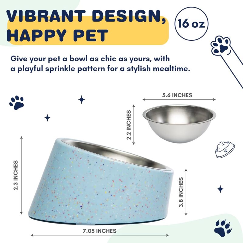 Bzyoo 2 Cup Tilted Dog Bowl for Small Dogs & Cats, Stylish Sprinkle Design, Elevated, Stainless Steel 16oz Inner Bowl, Non-Skid, Reduce Spillage, BPA-Free, Dishwasher Safe Color:Blue - Image 2