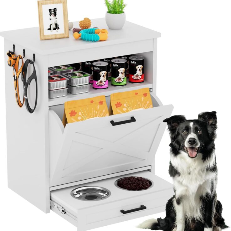 Modern Dog Food Storage Cabinet with 2 Elevated Doggy Bowls, Pet Feeding Station with Organizer, Tilt Out Pet Food Cabinet Furniture, White