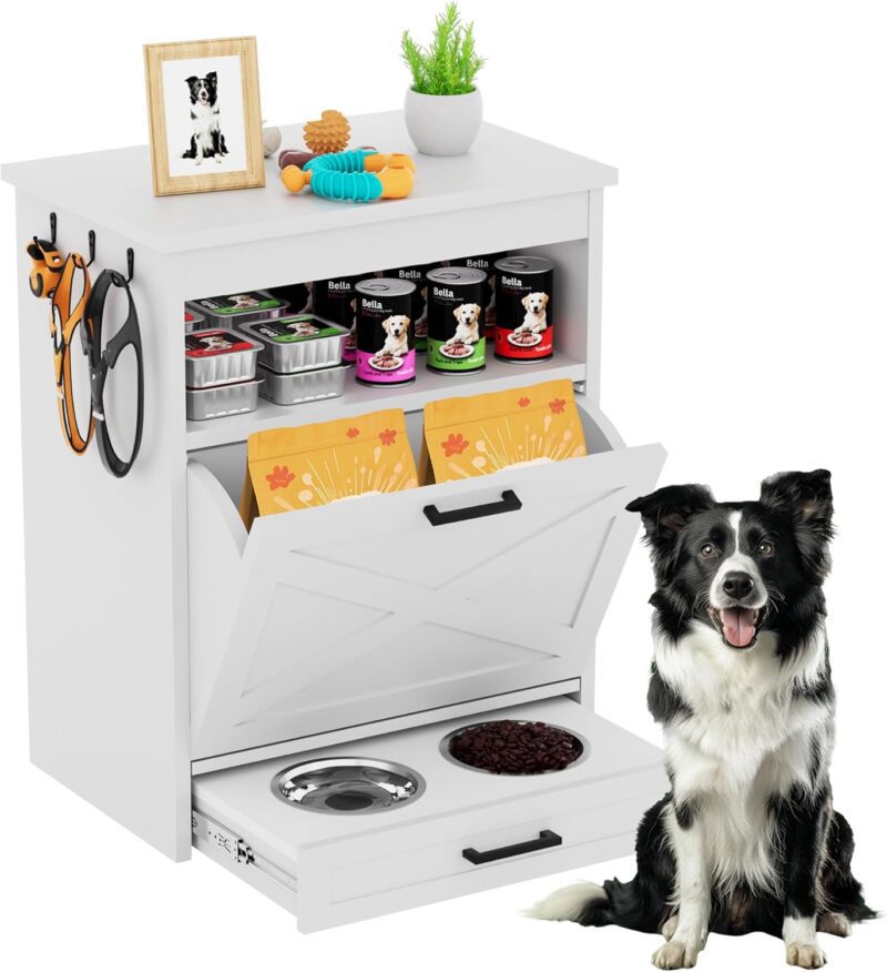 Modern Dog Food Storage Cabinet with 2 Elevated Doggy Bowls, Pet Feeding Station with Organizer, Tilt Out Pet Food Cabinet Furniture, White