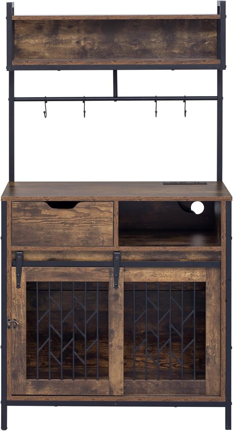 Furniture Style Dog Crate,Composite Desk, Hutch Pet Friendly Furniture with Sliding Barn Doors, Storage Shelves,Hanging Space and Charging Station,Durable Construction (Rustic Brown) - Image 5