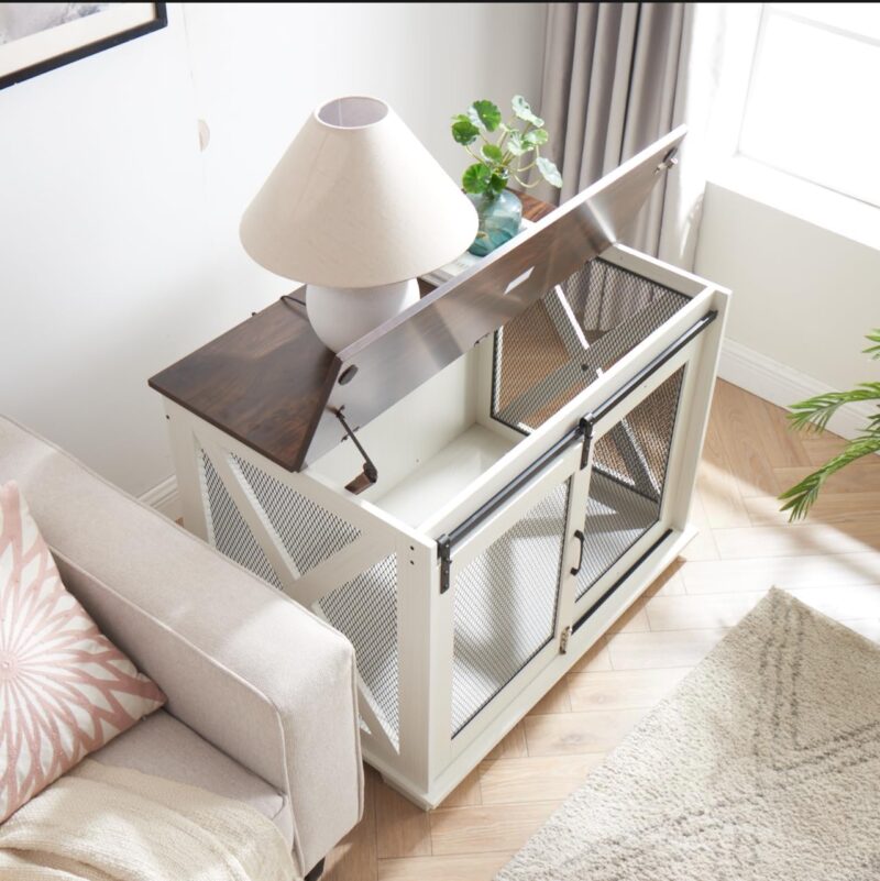Stylish Farmhouse Wooden Dog Cage with Sliding Barn Door, Flip-Top Plate for Small to Large Dogs, White - Image 4