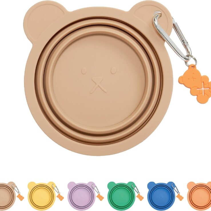 Silicone Collapsible Travel Bowl with Free Poop Bag Holder – Lightweight, Portable, Multipurpose for Pets, Dishwasher & Microwave Safe (Beige, Small)