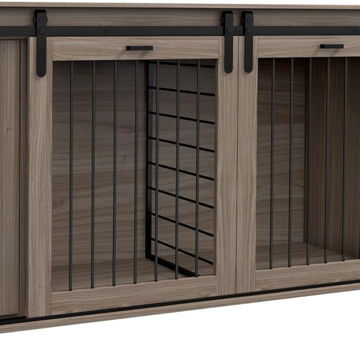 Dog Crate Furniture with Removable Divider for 2 Small Dogs or 1 Large Dog, 71" Modern Dog Kennel Furniture End Table with Storage, Double Doors, Walnut