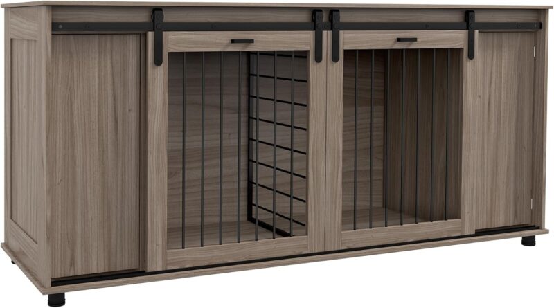 Dog Crate Furniture with Removable Divider for 2 Small Dogs or 1 Large Dog, 71" Modern Dog Kennel Furniture End Table with Storage, Double Doors, Walnut
