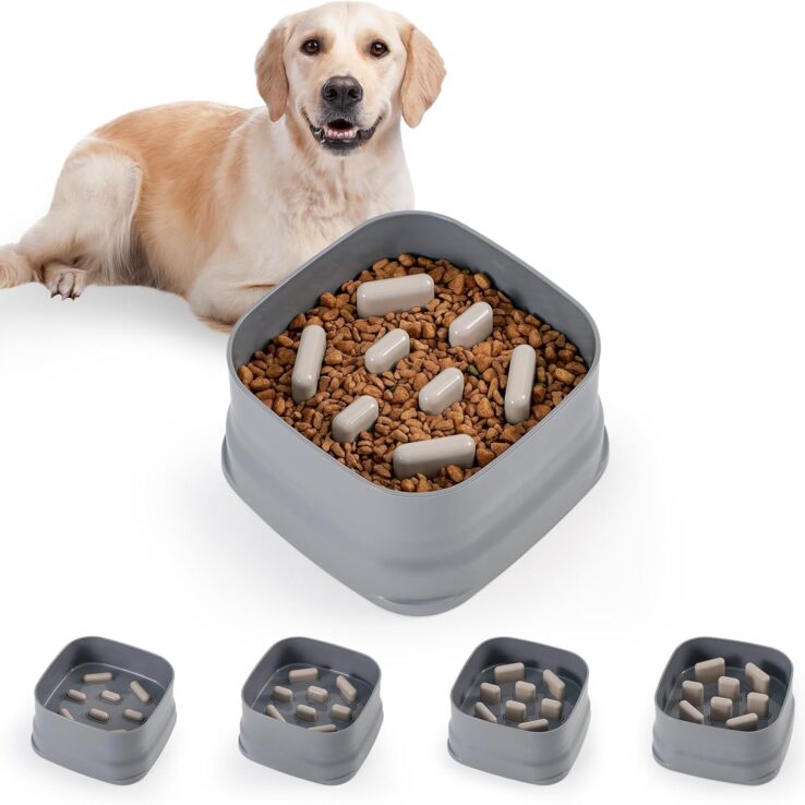 Sunhoo Slow Feeder Dog Bowls Large Breed Puppy Puzzle Feeding Dish Maze Feed Bowl Small Medium Dogs Plate Adjustable Ridges to Slower Down Eating Anti-slip Easy to Clean Indoor Use 7.5*7.5*4 in(Grey)