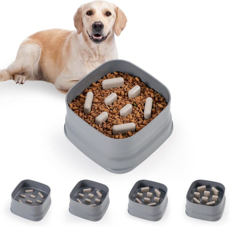 Sunhoo Slow Feeder Dog Bowls Large Breed Puppy Puzzle Feeding Dish Maze Feed Bowl Small Medium Dogs Plate Adjustable Ridges to Slower Down Eating Anti-slip Easy to Clean Indoor Use 7.5*7.5*4 in(Grey)