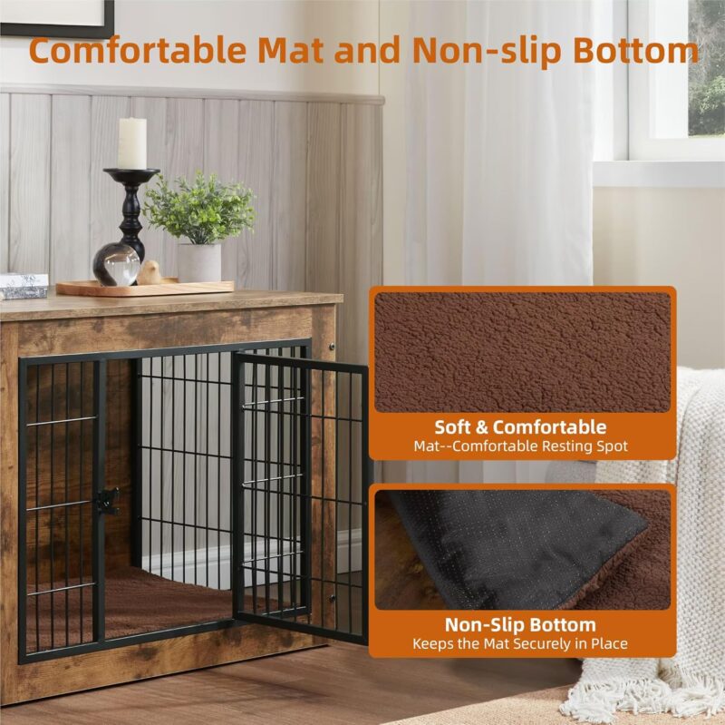 Multi-Functional Dog Crate Furniture with Cushion – 32" Wooden Dog Kennel with Double Doors, Rustic Brown, Adjustable Feet, Easy Assembly (Small/Medium Dogs) - Image 6