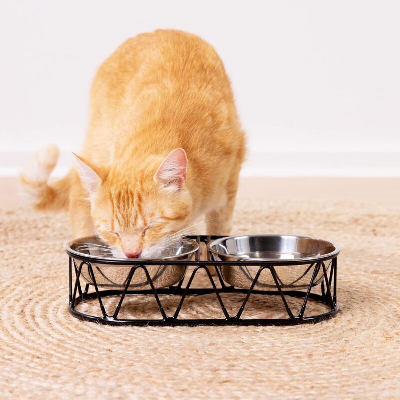 Navaris Stainless Steel Dog Bowls - Cat Food Bowls with Stand - Elevated Double Bowl and Holder for Cats & Small Dogs Raised Metal Wire Stand - Black - Image 6
