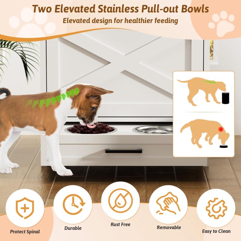 Modern Dog Food Storage Cabinet with 2 Elevated Doggy Bowls, Pet Feeding Station with Organizer, Tilt Out Pet Food Cabinet Furniture, White - Image 6