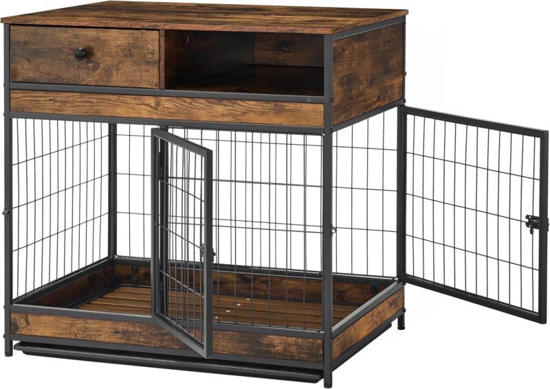Indoor Dog Crate with Double Door Design Tray and Drawer Storage Space Dog Kennels for Inside 31.5" Wood Dog Crate, Brown - Image 7