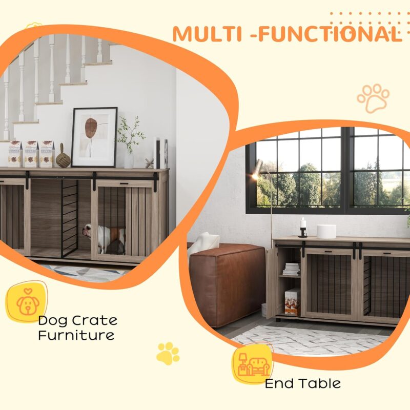Dog Crate Furniture with Removable Divider for 2 Small Dogs or 1 Large Dog, 71" Modern Dog Kennel Furniture End Table with Storage, Double Doors, Walnut - Image 4