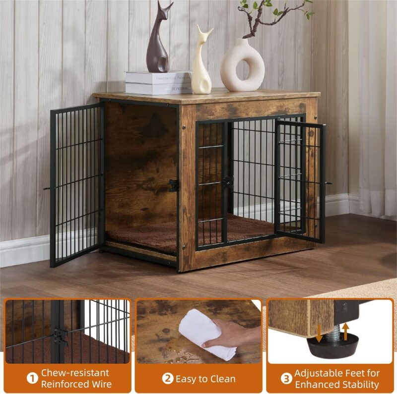 Multi-Functional Dog Crate Furniture with Cushion – 27" Wooden Dog Kennel with Double Doors, Rustic Brown, Adjustable Feet, and Easy Assembly (Small/Medium Dogs) - Image 5