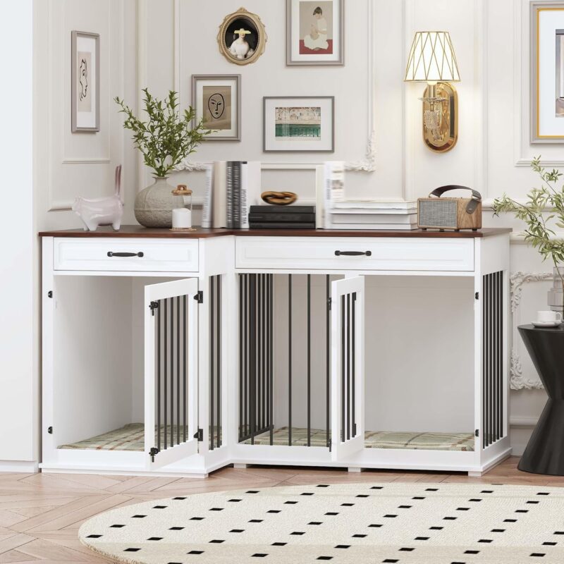 Lovinouse Large Corner Dog Crate Furniture, Wooden L Shaped Double Dog Crate Kennel Furniture with 2 Drawers and Divider, XXL Heavty Duty Dog Crates Furniture for 2 Medium or Large Dogs Indoor, White - Image 4