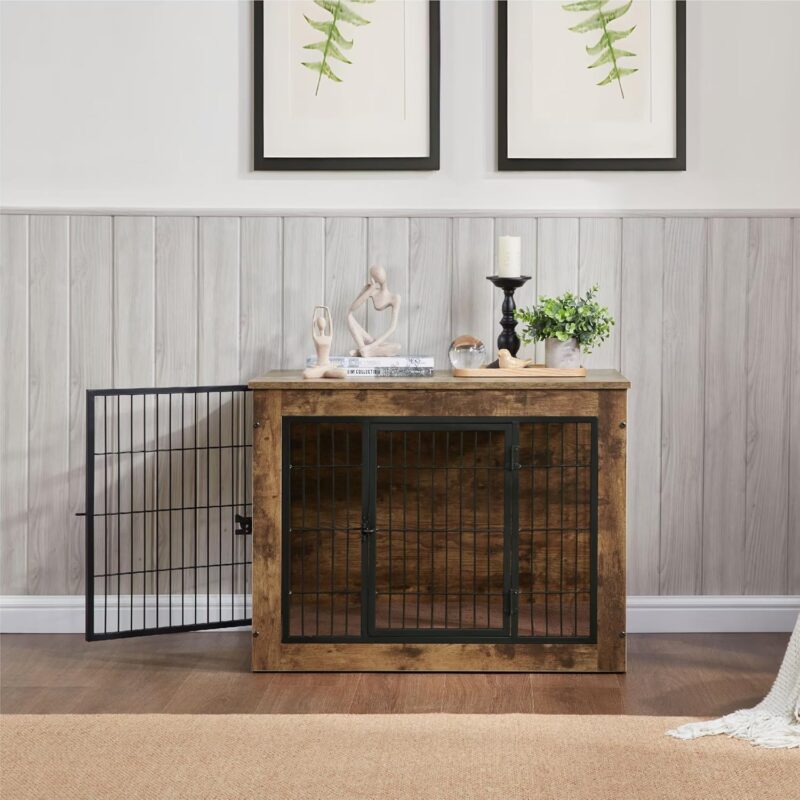 Multi-Functional Dog Crate Furniture with Cushion – 32" Wooden Dog Kennel with Double Doors, Rustic Brown, Adjustable Feet, Easy Assembly (Small/Medium Dogs) - Image 3