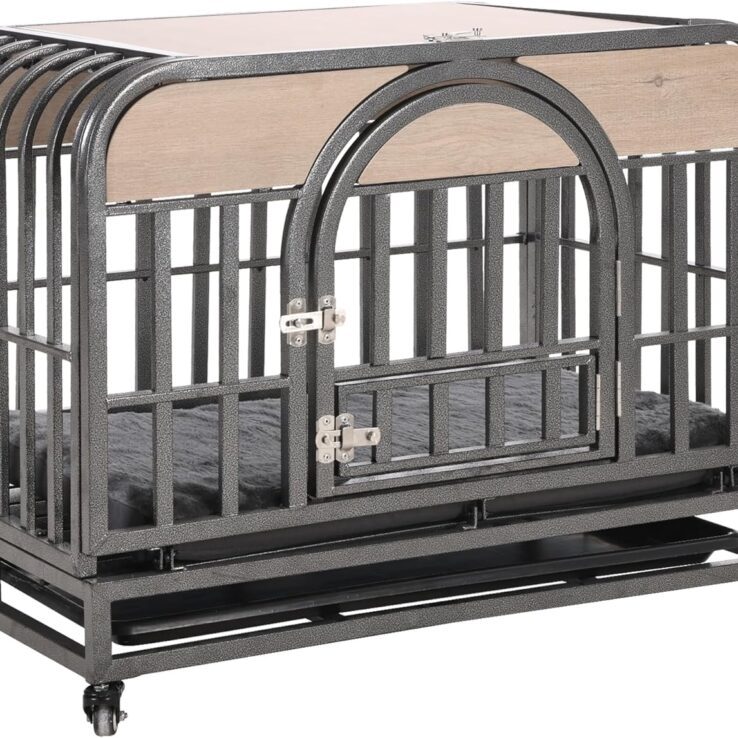 37in Heavy Duty Dog Crate, Furniture Style Dog Crate with Removable Trays and Wheels for High Anxiety Dogs QN588