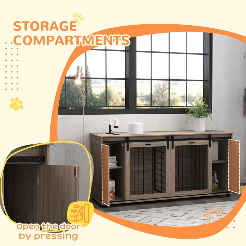 Dog Crate Furniture with Removable Divider for 2 Small Dogs or 1 Large Dog, 71" Modern Dog Kennel Furniture End Table with Storage, Double Doors, Walnut - Image 5