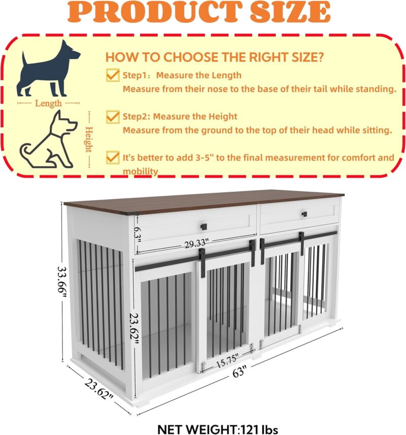 Pet Comfort and Style with 63'' Large Dog Crate Furniture, Wooden Design with 2 Drawers and Sliding Door, White and Brown - Image 2