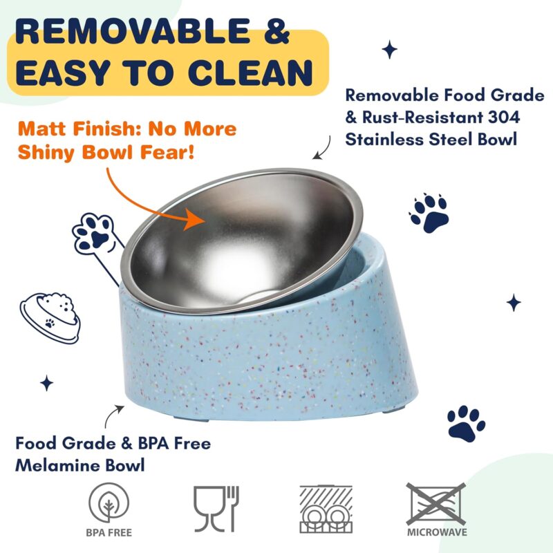 Bzyoo 2 Cup Tilted Dog Bowl for Small Dogs & Cats, Stylish Sprinkle Design, Elevated, Stainless Steel 16oz Inner Bowl, Non-Skid, Reduce Spillage, BPA-Free, Dishwasher Safe Color:Blue - Image 3