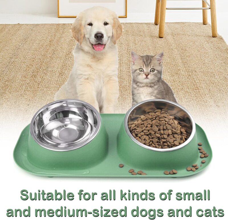 Dog Cat Basic Food and Water Bowl Set, 2 Removable Stainless Steel Feeding Bowls with Non-Slip Leak-Proof Plastic Stand Suitable for Small and Medium Pet Puppy Feeder Tableware Supplies, Green - Image 6