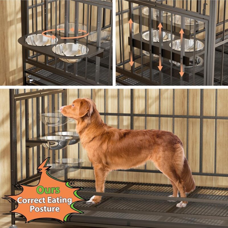43" Dog Crate Heavy Duty Cage with Unique Air Lift Rod/Wheels/ 360° & Adjustable 2 Bowls, Extra Medium Dog House - Image 2