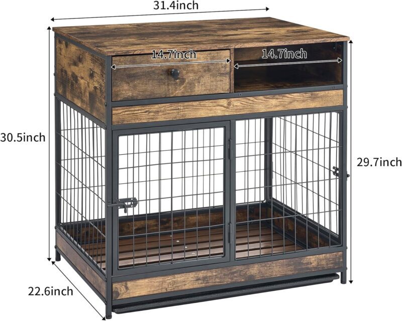 Indoor Dog Crate with Double Door Design Tray and Drawer Storage Space Dog Kennels for Inside 31.5" Wood Dog Crate, Brown - Image 2