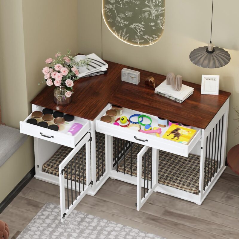 Lovinouse Large Corner Dog Crate Furniture, Wooden L Shaped Double Dog Crate Kennel Furniture with 2 Drawers and Divider, XXL Heavty Duty Dog Crates Furniture for 2 Medium or Large Dogs Indoor, White - Image 5