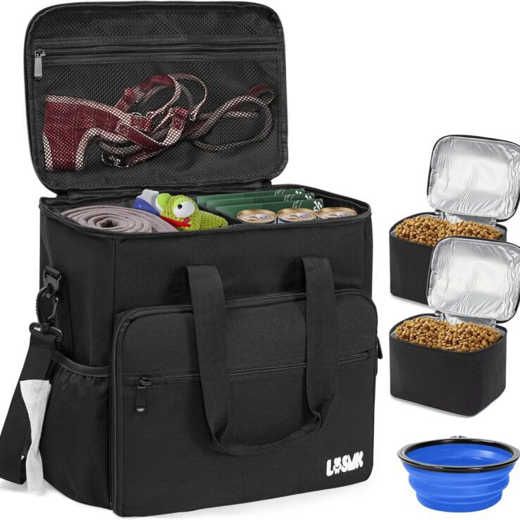 Dog Travel Bag, Airline Approved Tote Organizer, Travel Dog Backpack with Multi-Function Pockets for Dog Stuff & Pet Supplies Travel Essentials，Black with Bowl(BLUE&BLUE)