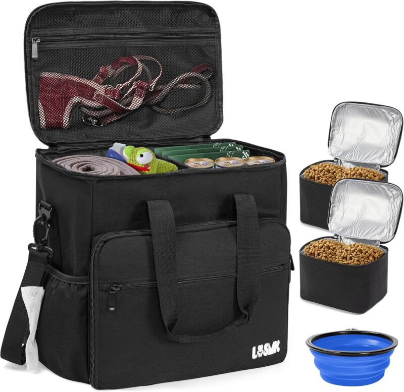 Dog Travel Bag, Airline Approved Tote Organizer, Travel Dog Backpack with Multi-Function Pockets for Dog Stuff & Pet Supplies Travel Essentials，Black with Bowl(BLUE&BLUE)