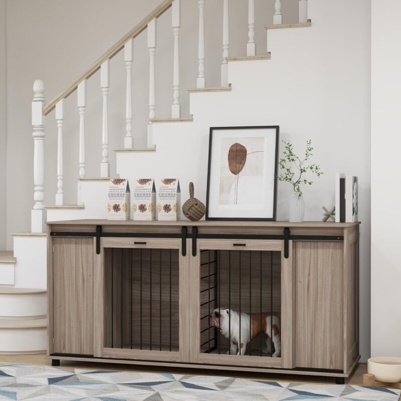 Dog Crate Furniture with Removable Divider for 2 Small Dogs or 1 Large Dog, 71" Modern Dog Kennel Furniture End Table with Storage, Double Doors, Walnut - Image 8