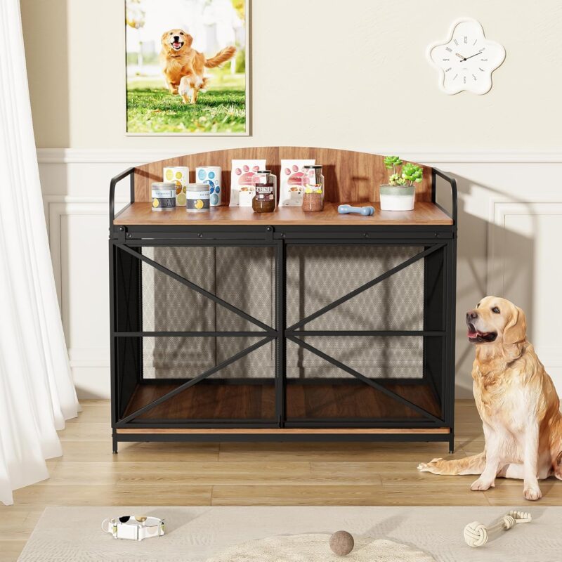 42.8" Heavy Duty Large Dog Crate Furniture for Big Medium Dog, Farmhouse Wooden Dog Kennel Indoor End Table, Decorative Pet House for Large Dogs (Brown) - Image 2