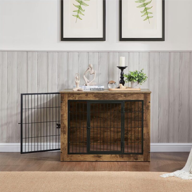 Multi-Functional Dog Crate Furniture with Cushion – 40" Wooden Dog Kennel with Double Doors, Rustic Brown, Adjustable Feet, Easy Assembly (Large Dogs) - Image 3