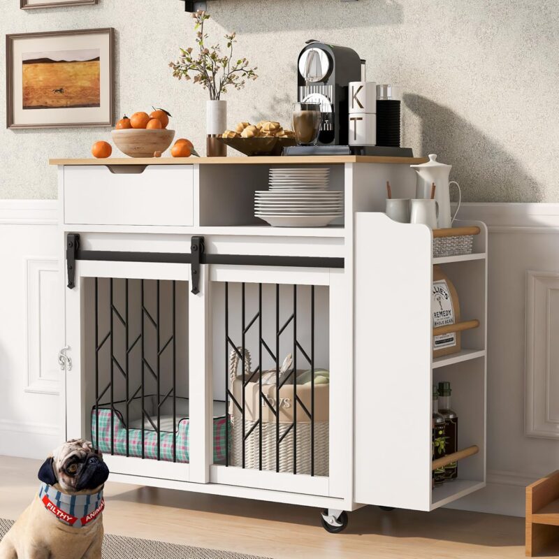 Modern Pet-Friendly Kitchen Island Side Table with Cage – Slide-Out Dog Crate, 3-Tier Storage, Lockable Casters, & Geometric Metal Door – Natural + White Finish - Image 8