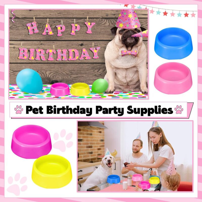 24 Pcs Pet Plastic Bowls Dogs Puppy Birthday Party Supplies Reusable Cat Food Feeding Water Dish Candy Colour Pet Bowls for Dog Birthday Party Favors, Blue Rose Red Yellow and Pink - Image 4
