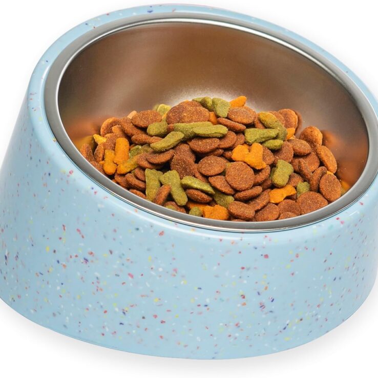Bzyoo 2 Cup Tilted Dog Bowl for Small Dogs & Cats, Stylish Sprinkle Design, Elevated, Stainless Steel 16oz Inner Bowl, Non-Skid, Reduce Spillage, BPA-Free, Dishwasher Safe Color:Blue