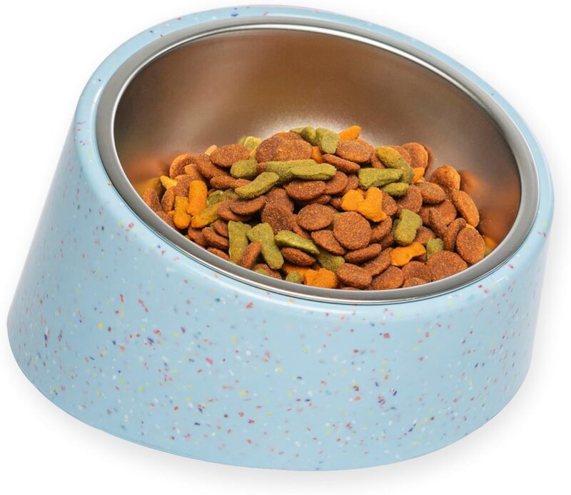 Bzyoo 2 Cup Tilted Dog Bowl for Small Dogs & Cats, Stylish Sprinkle Design, Elevated, Stainless Steel 16oz Inner Bowl, Non-Skid, Reduce Spillage, BPA-Free, Dishwasher Safe Color:Blue