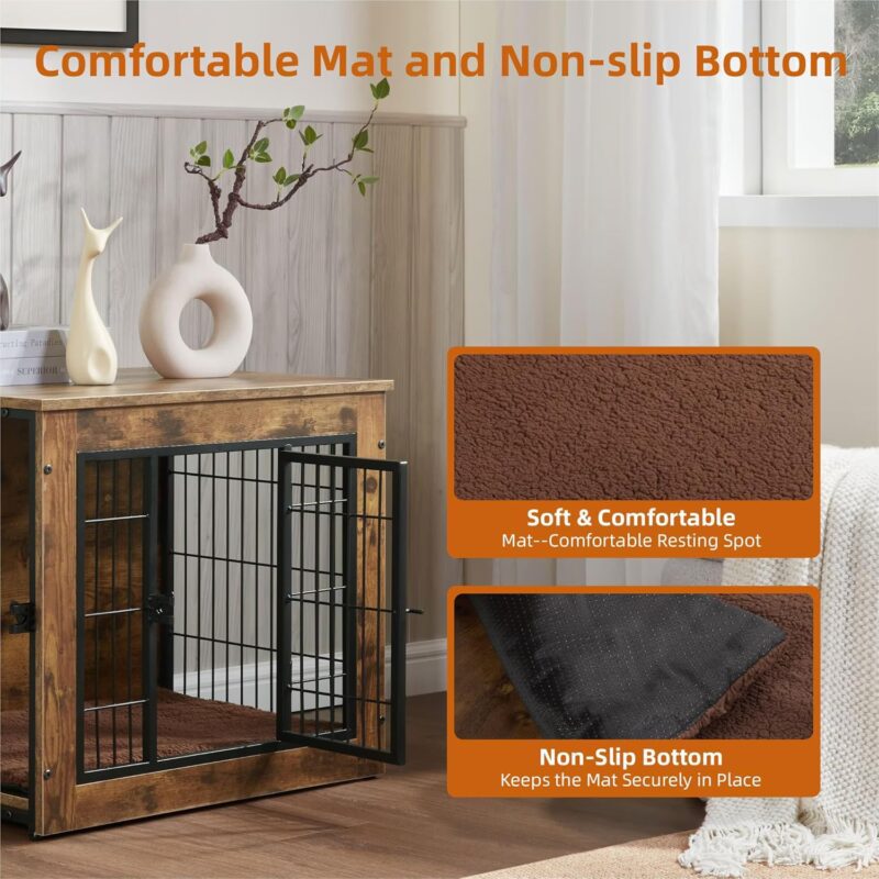 Multi-Functional Dog Crate Furniture with Cushion – 27" Wooden Dog Kennel with Double Doors, Rustic Brown, Adjustable Feet, and Easy Assembly (Small/Medium Dogs) - Image 6