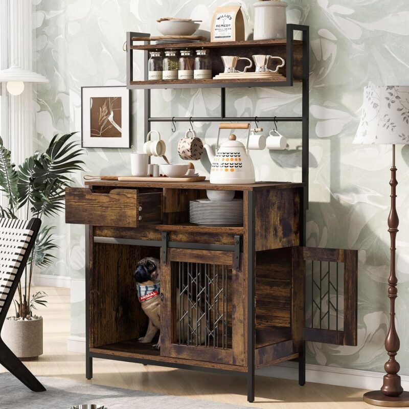 59” Dog Crate Furniture with Storage Shelves, Dog Kennel Indoor with Hutch, Wood Dog Crate with Power Outlets, Indoor Dog House for Medium Large Dogs