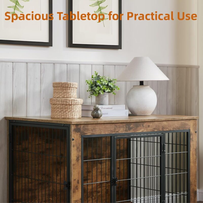 Multi-Functional Dog Crate Furniture with Cushion – 40" Wooden Dog Kennel with Double Doors, Rustic Brown, Adjustable Feet, Easy Assembly (Large Dogs) - Image 8
